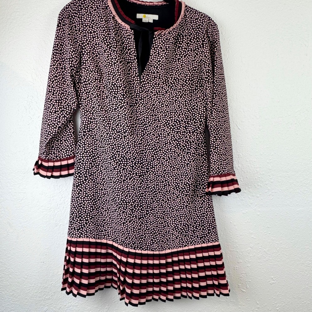 Boden Pink Polka Dot Pleated Hem Shift Dress Petite 4P Split Neck Tie Accent